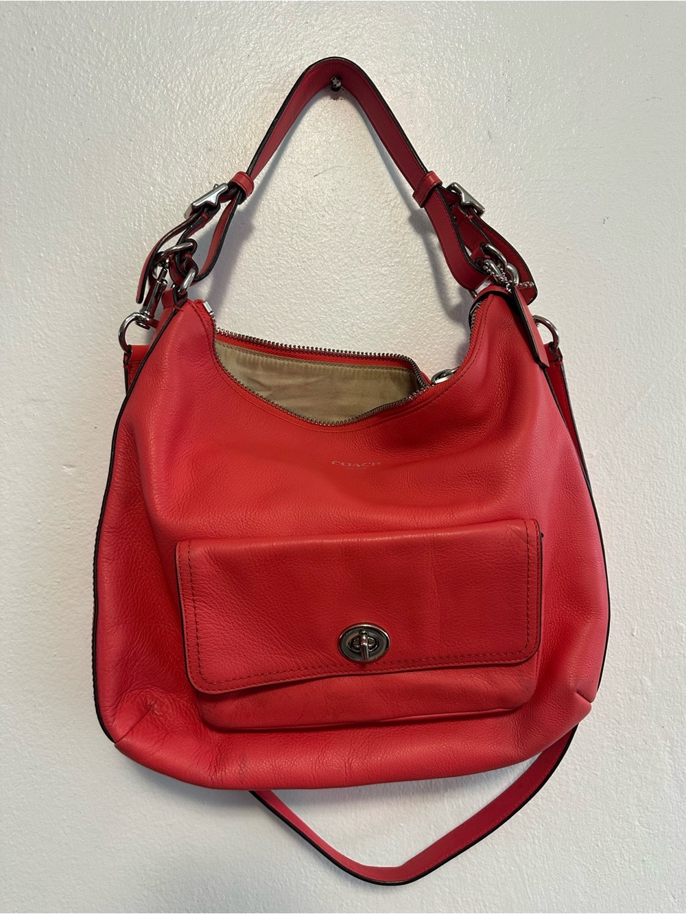 Coach Red Leather Shoulder Hobo Bag with Front Pocket